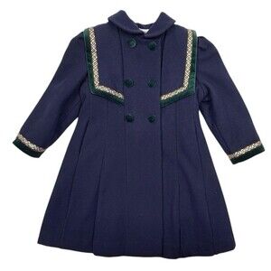 VTG 90s Braetan Kids Wool Velvet Trim Navy Dress Coat Fairytale Ukraine Made 4